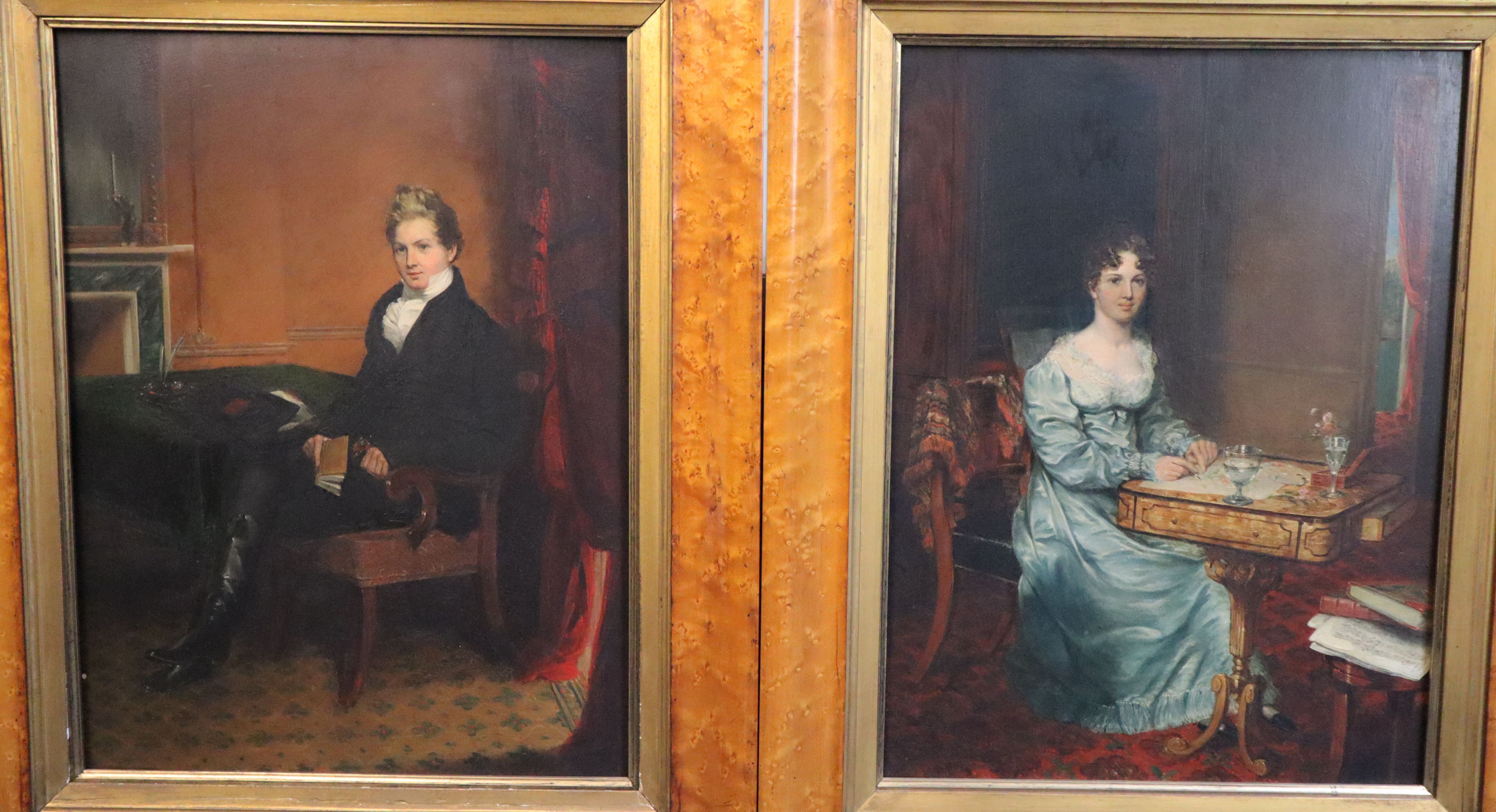 John Partridge (1790-1872) Full length portraits of a husband and wife, each seated in a drawing room 19 x 14in.
